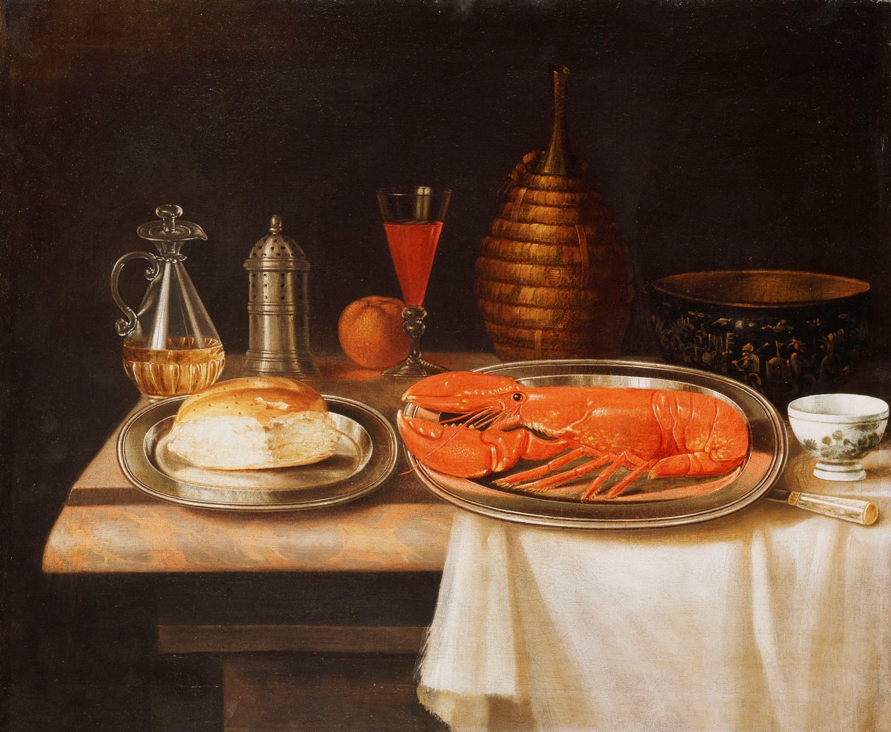 Bir Natürmort; Salvers üzerinde bir Istakoz ve Ekmek, bir Sürahi Şarap ve Kısmen Dökümlü Mermer Çıkıntı üzerinde diğer Öğeler ile, by Charles Collins