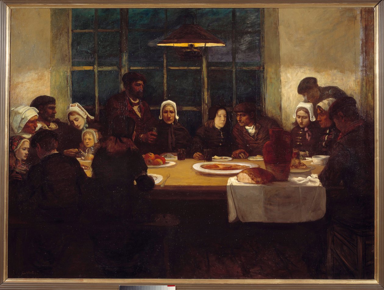 Denizler diyarında veda yemeği Breton ailesi bir masanın etrafında toplandı. Charles Cottet (1863-1924) tarafından bir triptyqye