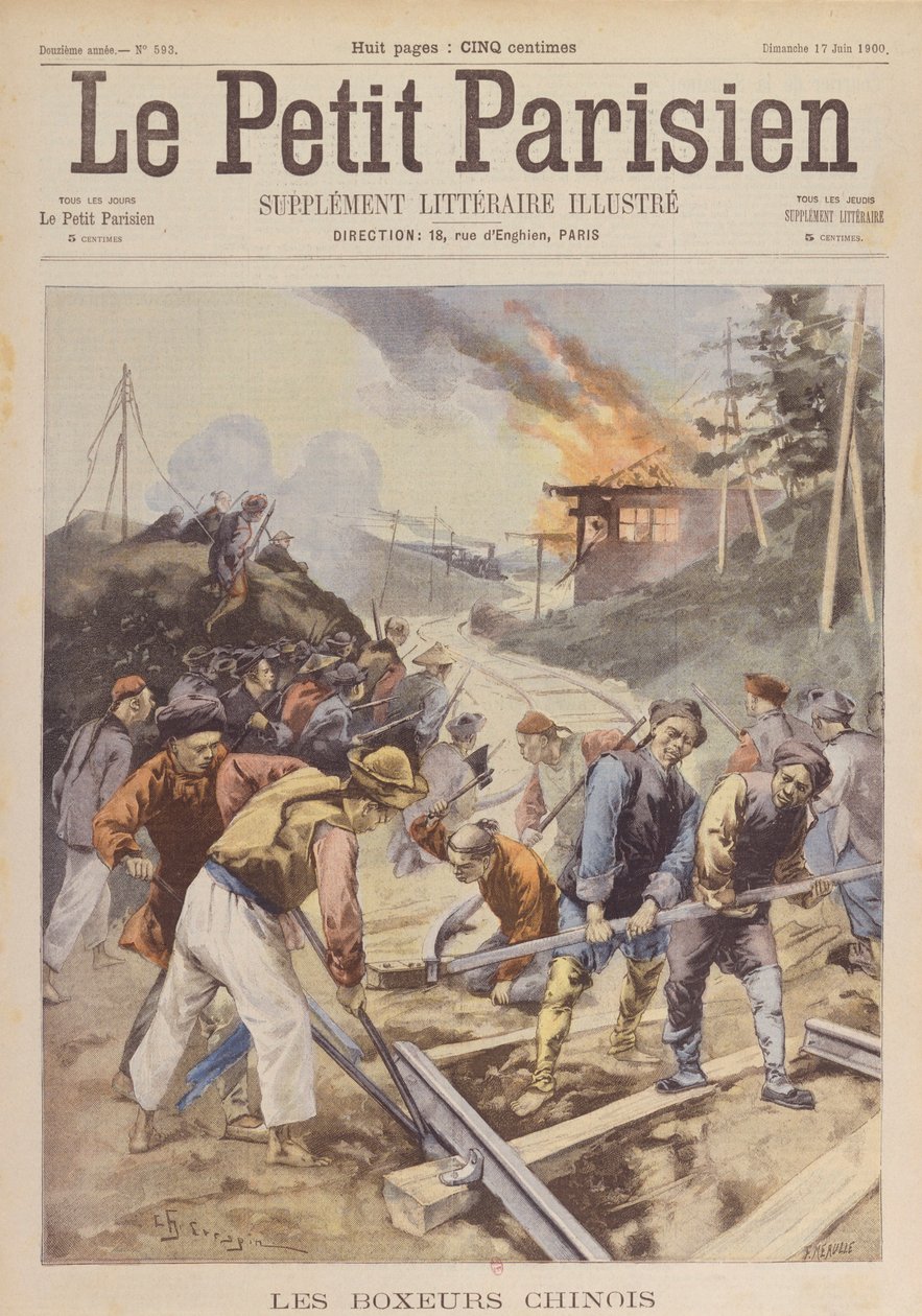 Boxer İsyanı (1900-01), Boksörler demiryolunu sabote ediyor, Haziran 1900 (baskı) by Charles Crespin