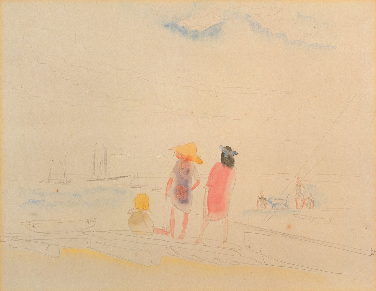 Sahilde İki Kadın ve Çocuk (kağıda wc & kalem) by Charles Demuth