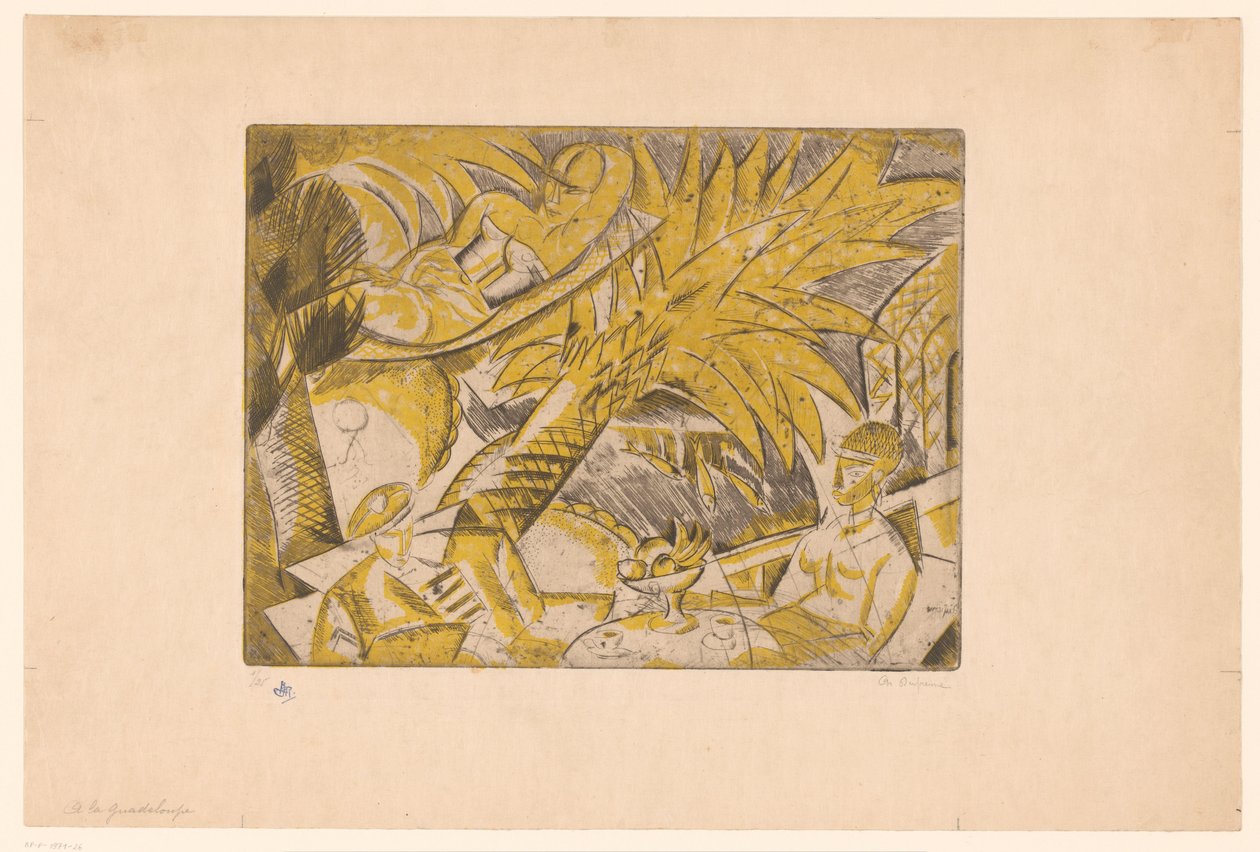 Palmiye ağacının altında güneşlenen figürler A la Guadeloupe (nesne üzerindeki başlık) by Charles Dufresne (signed by artist)