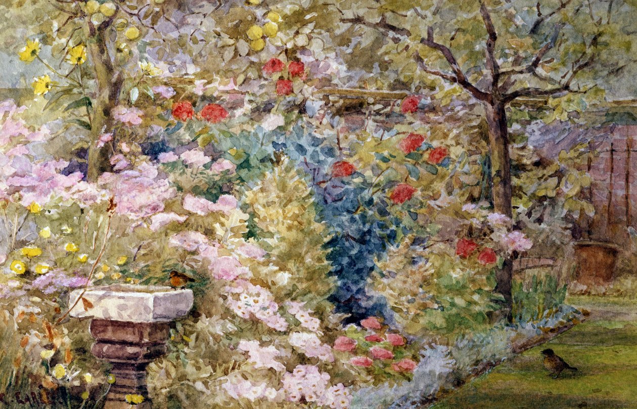 Bir Yaz Bahçesi. Kuşlar, çiçekler ve çeşme ile yaz bahçesi. Charles Earle (1832-1893 İngiliz) tarafından yapılmış resim Özel koleksiyon by Charles Earle