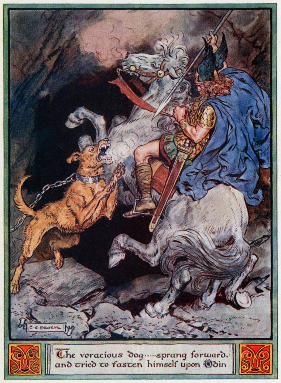 A und E Keary tarafından yazılan 'Asgard Kahramanları, İskandinav Mitolojisinden Masallar'dan bir örnek, "Doymak bilmez köpek... öne fırladı ve Odin'e bağlanmaya çalıştı", 1930 by Charles Edmund Brock