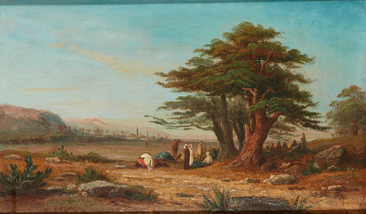Develer Dinlenirken Kamp Kurma (panelde yağlı boya) by Charles Edouard (attr.to) Frere
