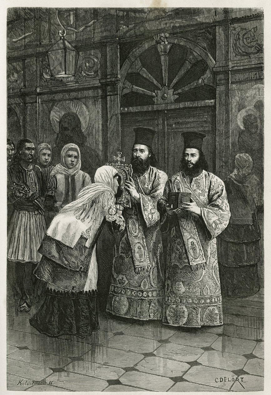 Henri Belle'in 1861, 1868 ve 1874'te Yunanistan'a yaptığı seyahati tasvir etmek için Ch.Delort tarafından yapılan gravür, Edouard Charton yönetiminde tur du monde'da yayınlanmıştır. by Charles Edouard Delort