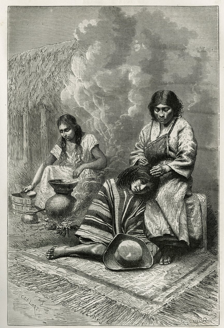Bir çocuğun annesi tarafından bozulması ve Cali (Cauca Vadisi, Kolombiya) yakınlarında baston eau de vie (rom) üretimi, Ch.Delort tarafından gravür, E.Andre tarafından Equinoxiale America