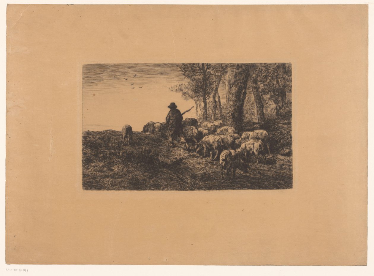 Domuz grubu ile çoban by Charles Emile Jacque (attributed to)