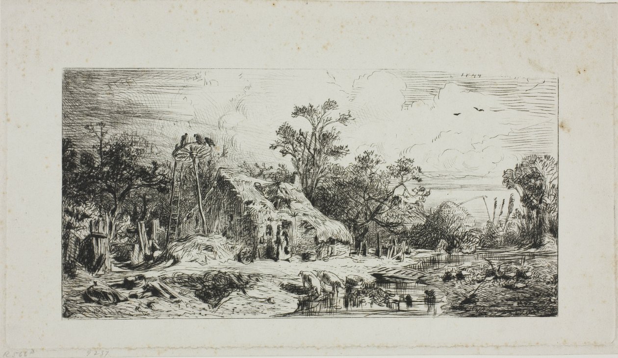 Thatched Kulübeler ile Manzara by Charles Emile Jacque