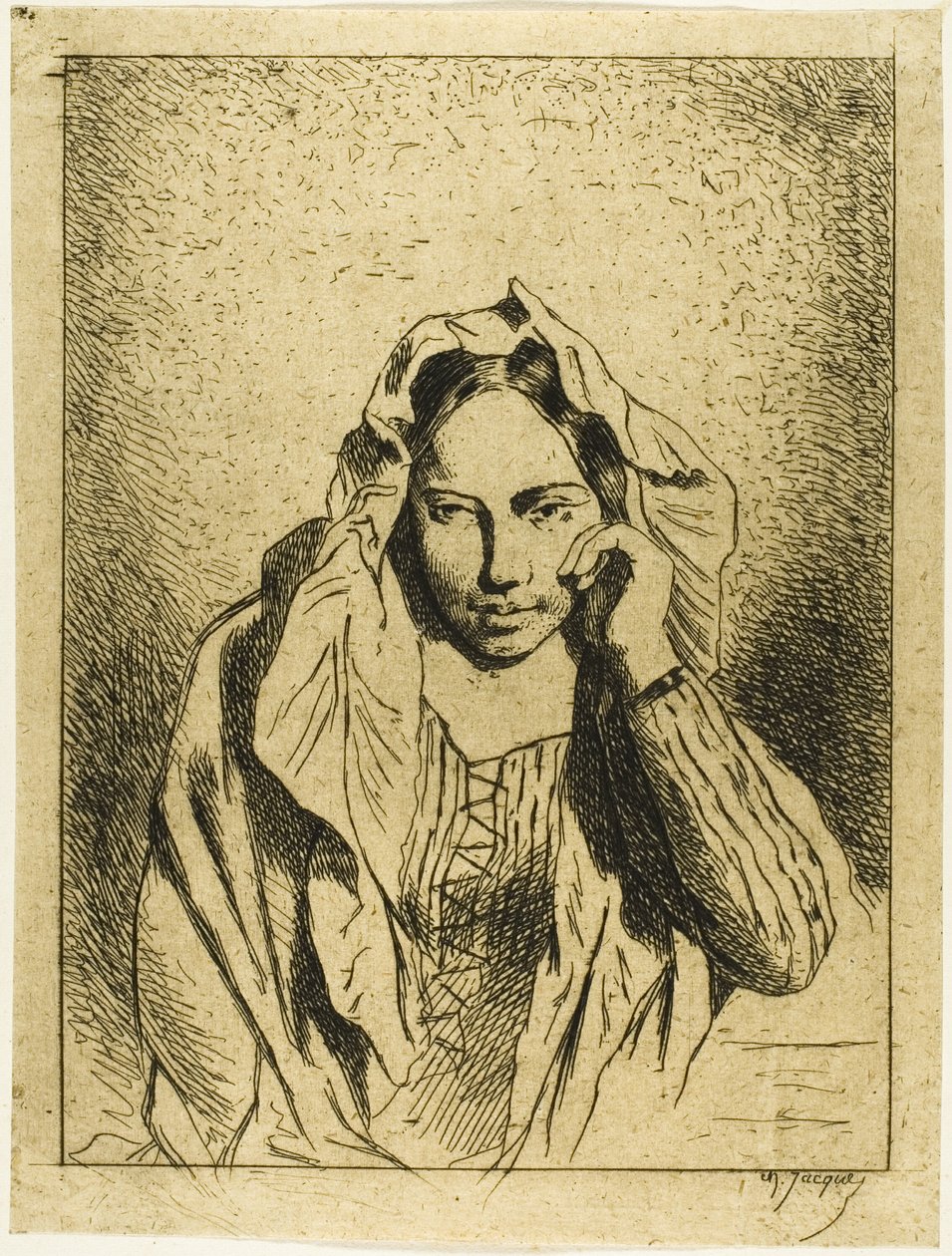 Oturan Bir Kadının Portresi by Charles Emile Jacque
