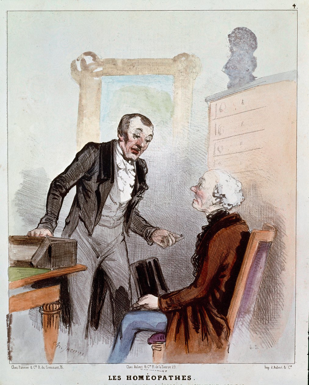 "Hasta ve doktorlar" dizisi: homeopatlar. Bir hastaya homeopatik ilaç yazan bir doktorun karikatürü. Charles Jacques tarafından gravür by Charles Emile Jacque