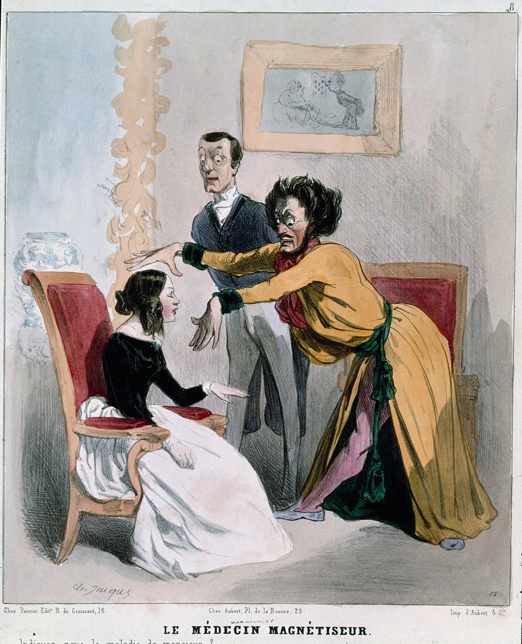 Seri “” hasta ve doktorlar””: manyetizma doktoru. Hipnozun ortasında bir hastayla ilgili hipnotizmacının karikatürü. Charles Jacques tarafından gravür by Charles Emile Jacque