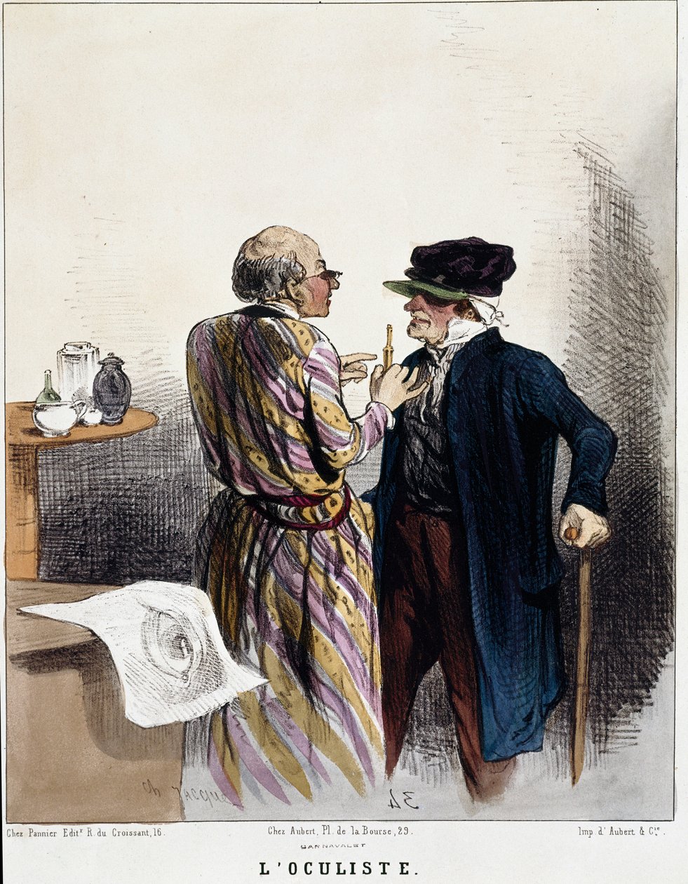 "Hasta ve doktorlar" dizisi: göz doktoru. Bir hastanın gözleri için tıbbi konsültasyon sırasında bir doktorun karikatürü. Charles Jacques tarafından gravür by Charles Emile Jacque