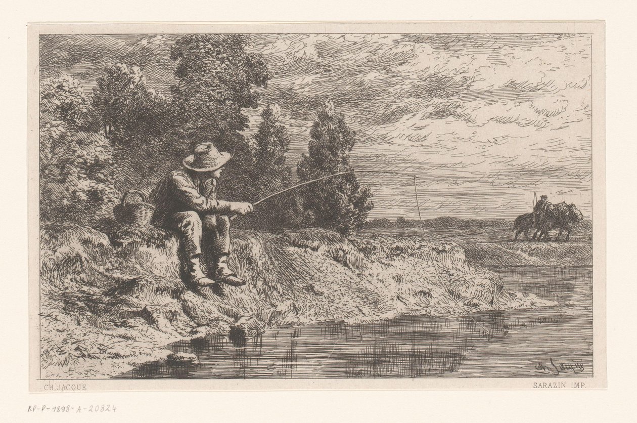 Su üzerinde balıkçı peche ve gardon by Charles Emile Jacque