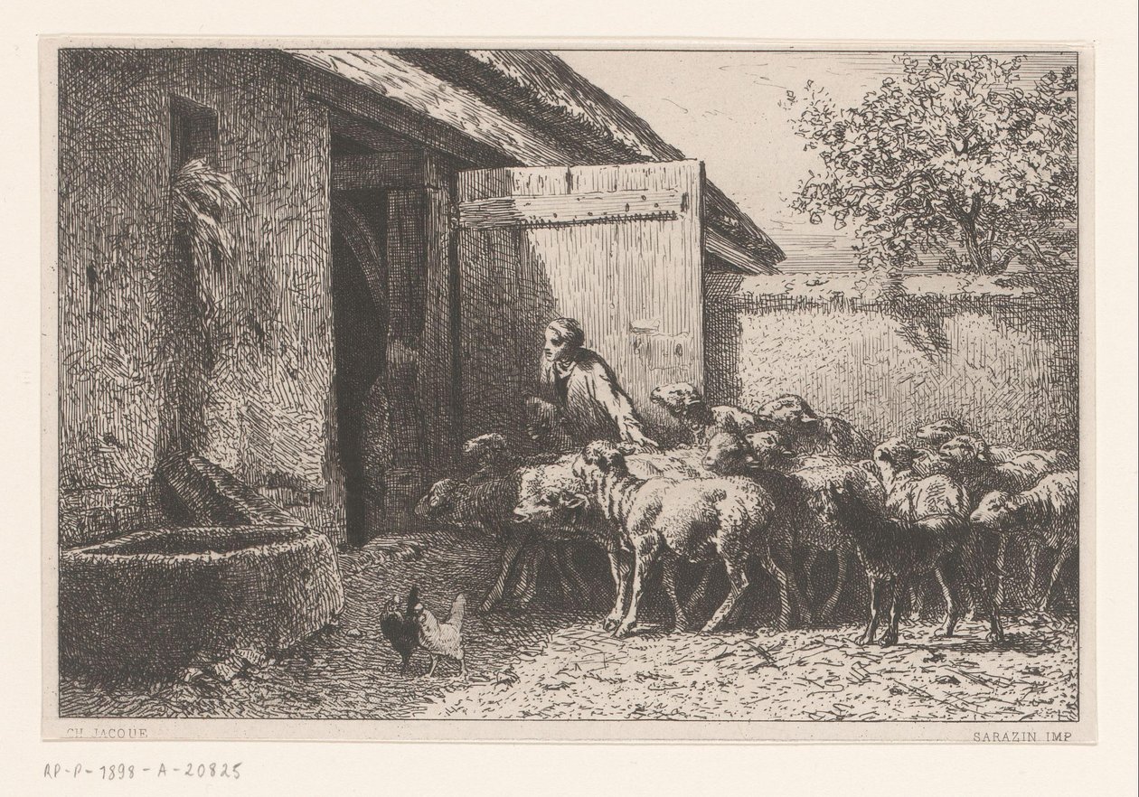 Koyunları ahıra götüren kadın bira by Charles Emile Jacque