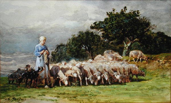 Koyun Sürüsü ile Bir Çoban (kağıt üzerine sulu boya) by Charles Emile Jacques