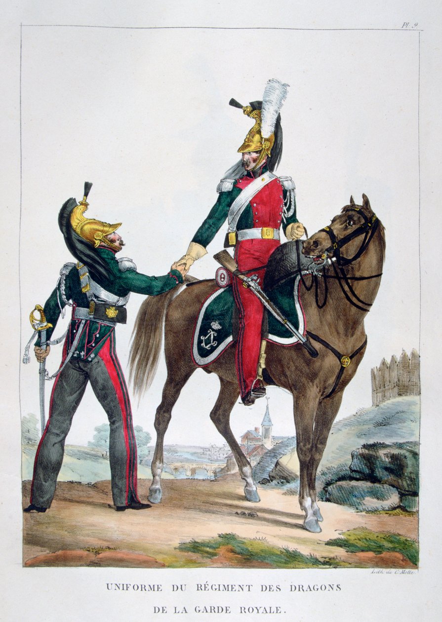 Kraliyet muhafızlarının ejderha alayının üniforması, Fransa, 1823. by Charles Etienne Pierre Motte