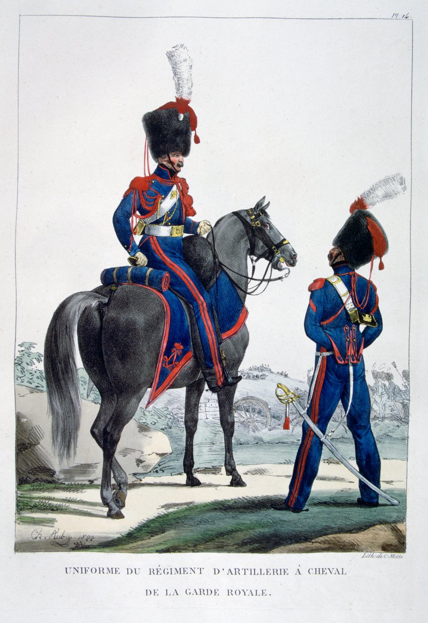 Kraliyet muhafızlarının atlı topçu alayının üniforması, Fransa, 1823. by Charles Etienne Pierre Motte