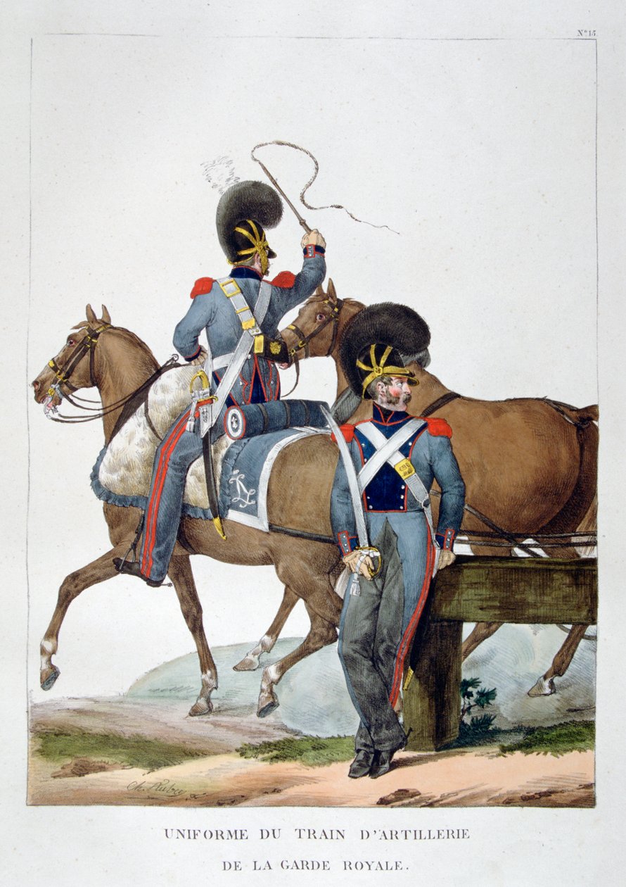 Kraliyet muhafızlarının atlı topçu treni alayının üniforması, Fransa, 1823. by Charles Etienne Pierre Motte