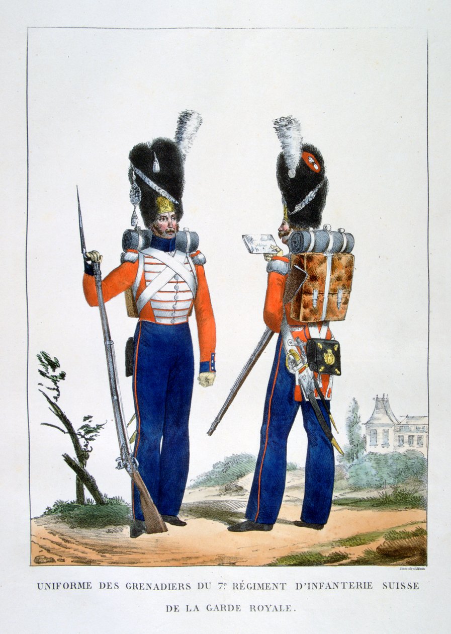 Kraliyet muhafızlarının 7. Piyade Alayı İsviçre Grenadiers üniforması, Fransa, 1823. by Charles Etienne Pierre Motte