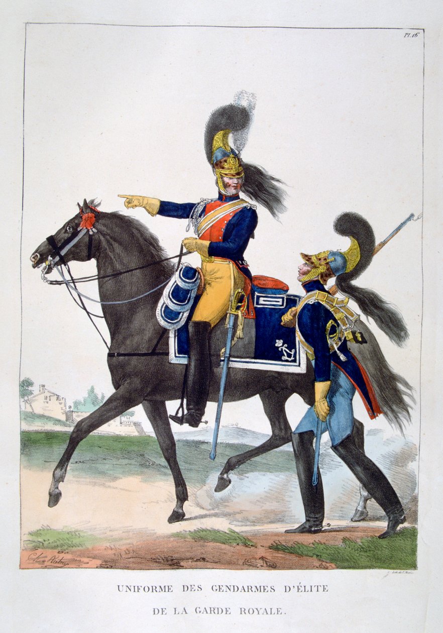 Kraliyet muhafızlarının seçkin jandarmalarının üniforması, Fransa, 1823. by Charles Etienne Pierre Motte