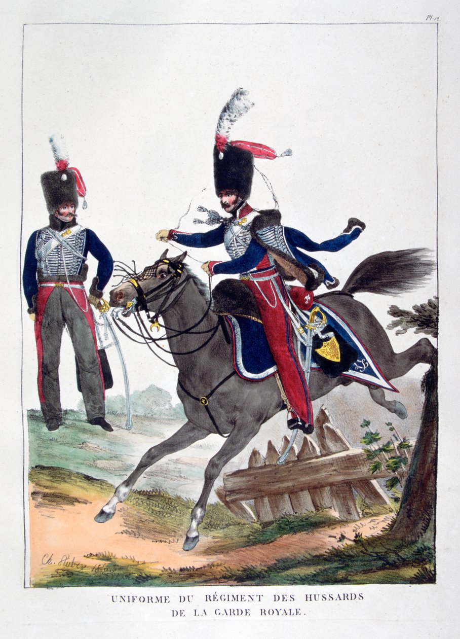 Fransız kraliyet muhafızlarının hafif süvari alayının üniformaları, 1823. by Charles Etienne Pierre Motte