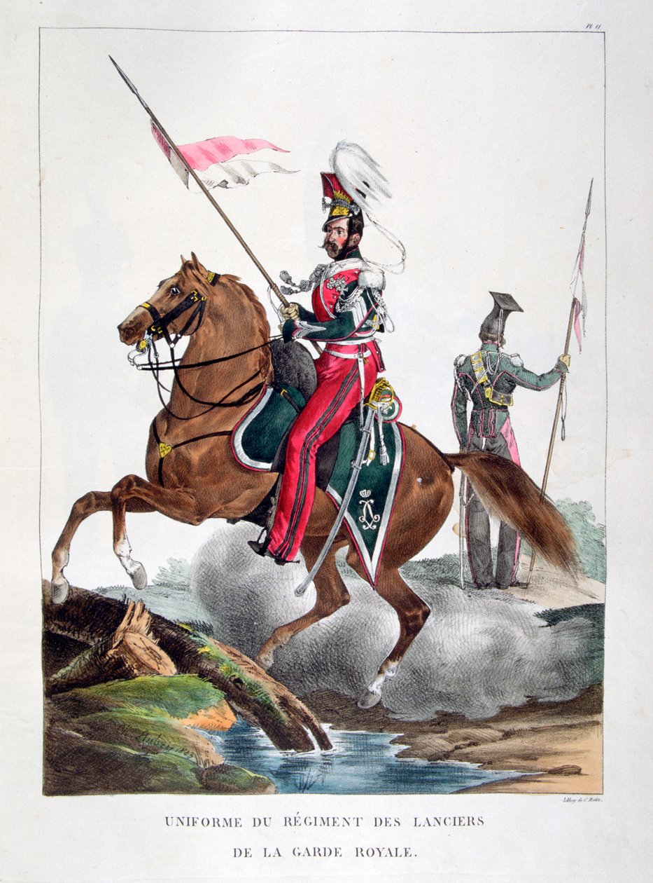 Fransız kraliyet muhafızlarının bir mızraklı alayının üniformaları, 1823. by Charles Etienne Pierre Motte