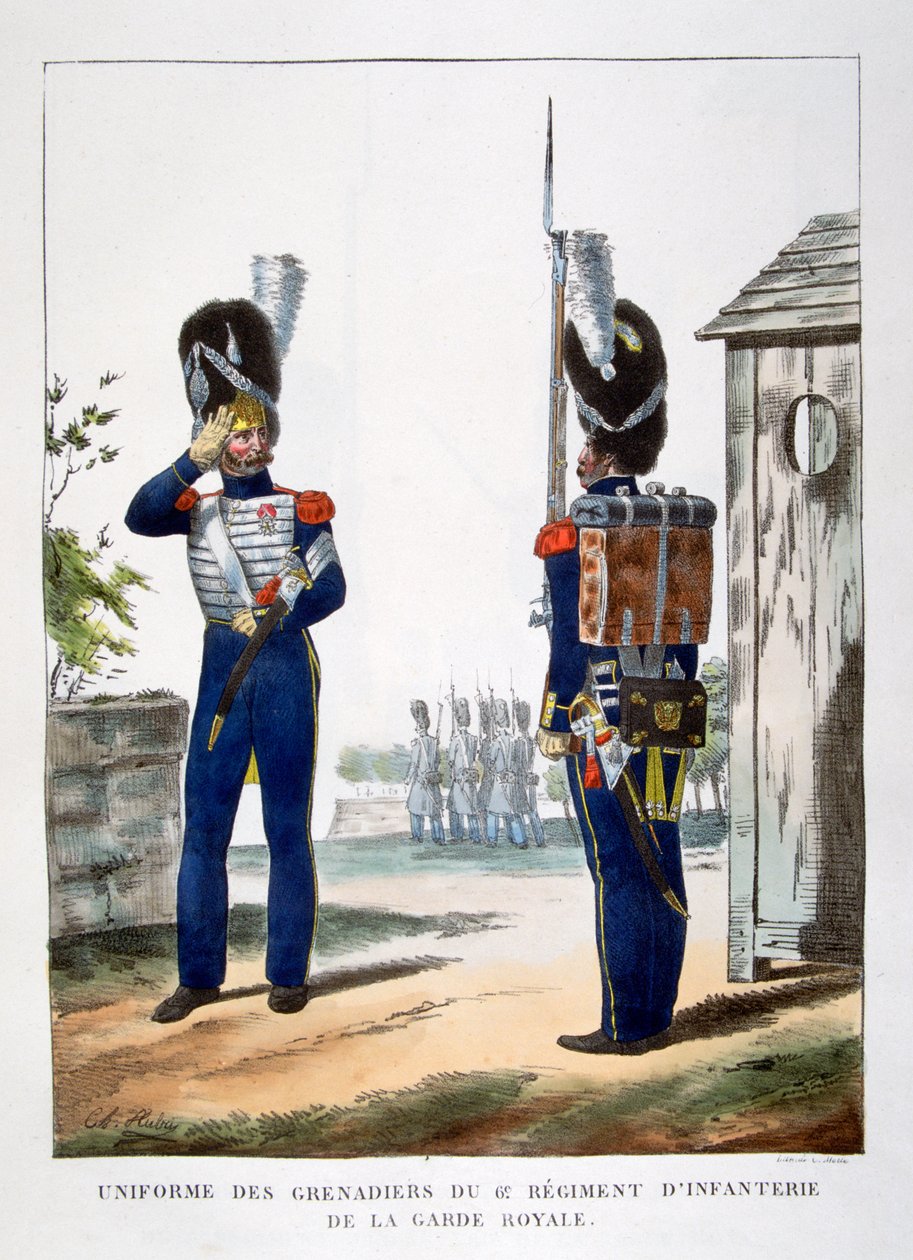 Fransız kraliyet muhafızlarının bombacılarının üniformaları, 1823. by Charles Etienne Pierre Motte