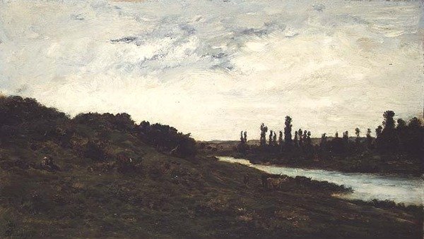 Ormanlık bir nehir manzarasında çobanlar ve sığırlar by Charles Francois Daubigny