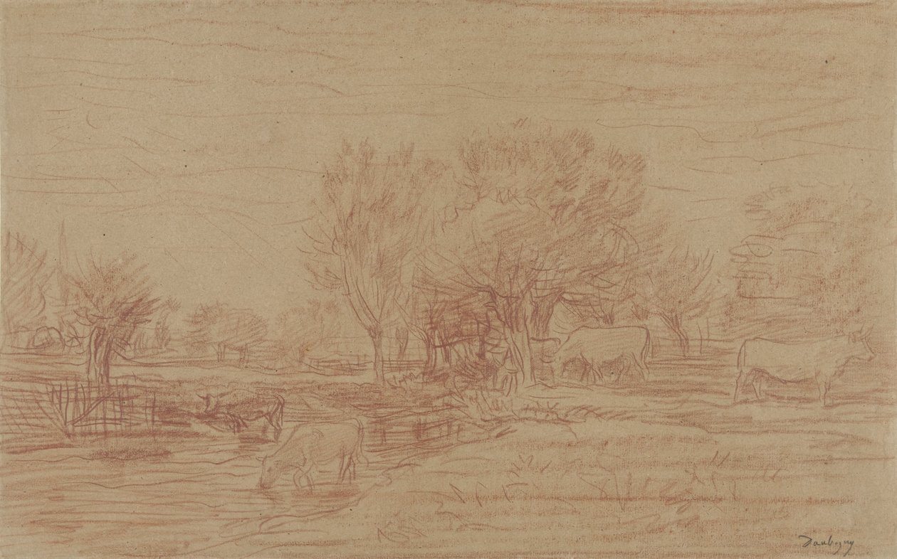 Otlayan ve içen inekler ve izleyen bir boğa ile manzara by Charles Francois Daubigny