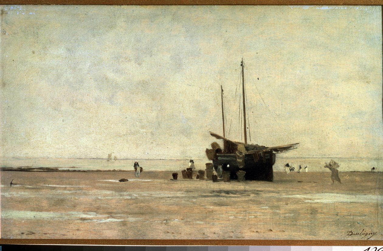 ""Deniz manzarası"" Gelgit sırasında kumun üzerinde bir yelkenli. Charles Francois Daubigny (1817-1878) 1868-1872 Puşkin Müzesi, Moskova by Charles Francois Daubigny