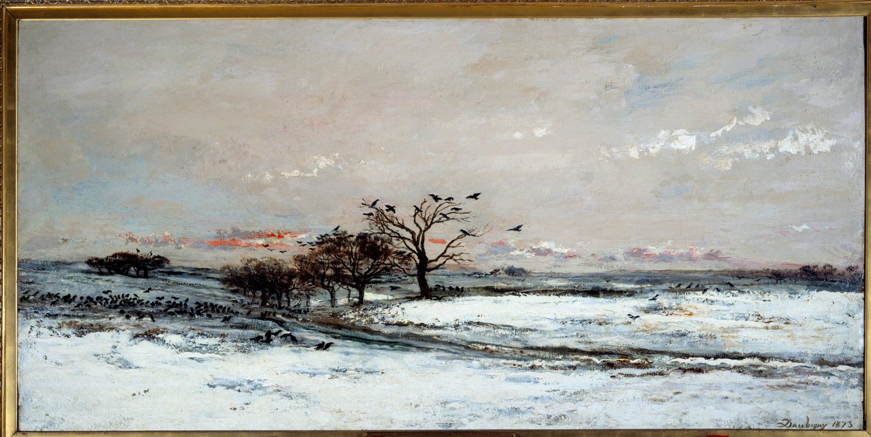 Batan güneşin altında kar manzarası. Charles Francois Daubigny