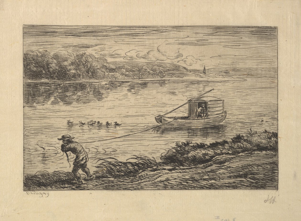 Kamara Çocuğu Tekneyi Çekiyor, 1861. by Charles Francois Daubigny