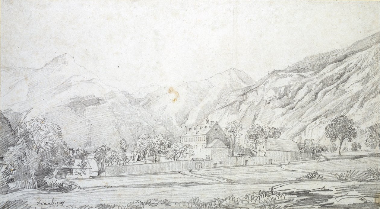 Arka Planda Dağlar Olan Duvarlı Bir Muhafazadaki Binaların Görünümü, 19. Yüzyılın ortalarında by Charles Francois Daubigny