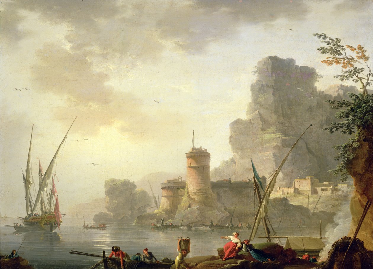 Gün Batımında Bir Akdeniz Limanı Manzarası by Charles Francois Lacroix de Marseille