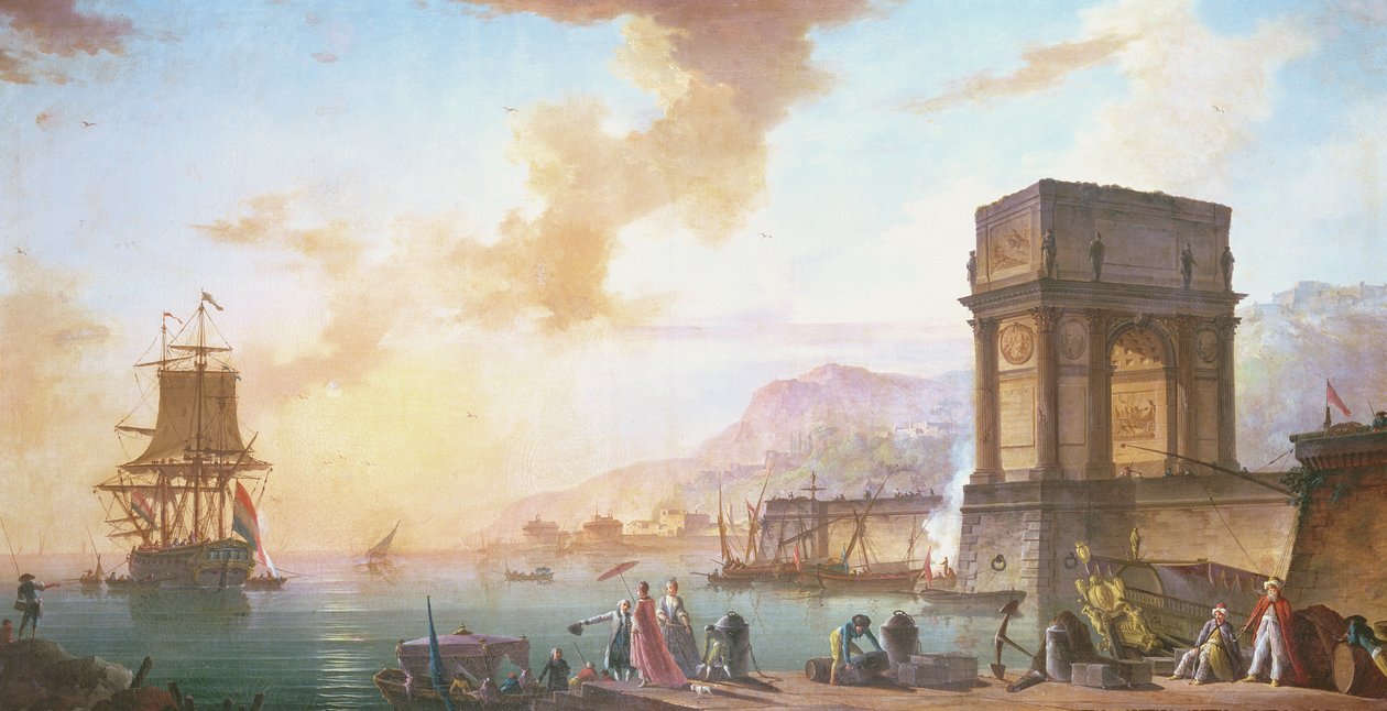 Sabah, bir Akdeniz limanının capriccio'su by Charles Francois Lacroix de Marseille