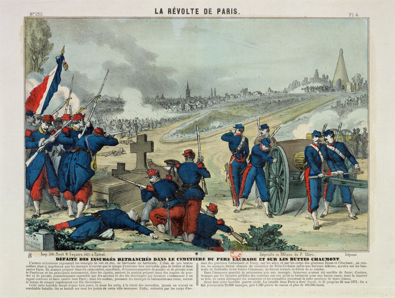 Defeat of the Rebels Entrenched in the Cemetery of Pere Lachaise and on Chaumont Hill, 1871 (colour engraving) by Charles Francois Pinot