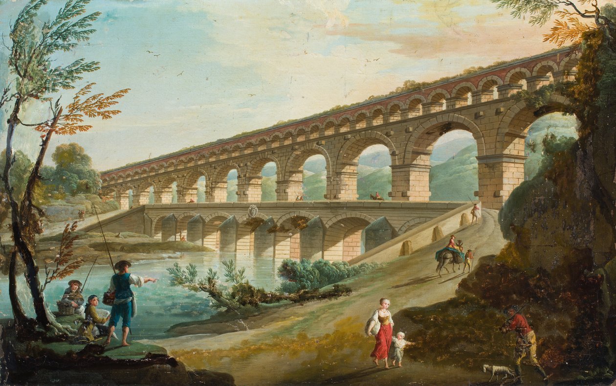 Çifte su kemerinin yanındaki yolda figürlerin olduğu bir nehir manzarası (tuval üzerine yağlıboya) by Charles François Grenier de (attr.to) Lacroix