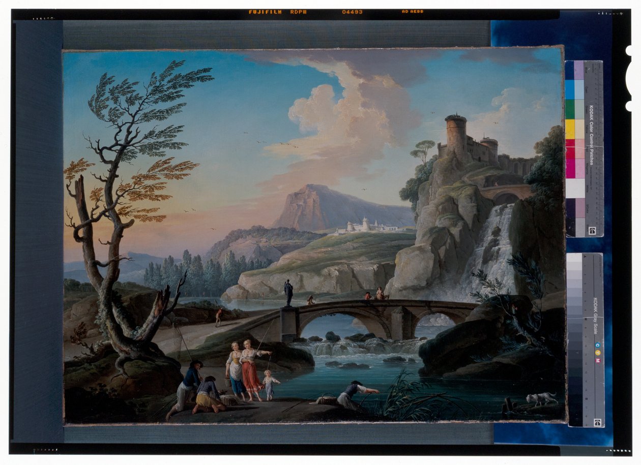 Ağlarını Çeken Balıkçıların Bulunduğu Bir Nehir Manzarası, Kayalık Bir Manzara ve Ötesinde Bir Yaya Köprüsü by Charles François Grenier de Lacroix