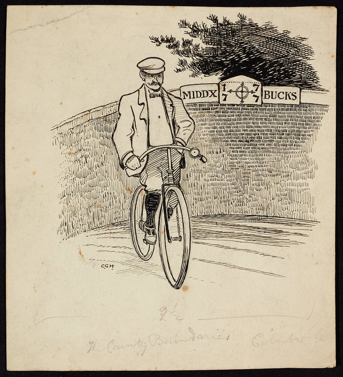 Middlesex ve Buckinghamshire arasındaki ilçe sınırını belirleyen bir tabelanın önünde bisikletli bir adam by Charles George Harper