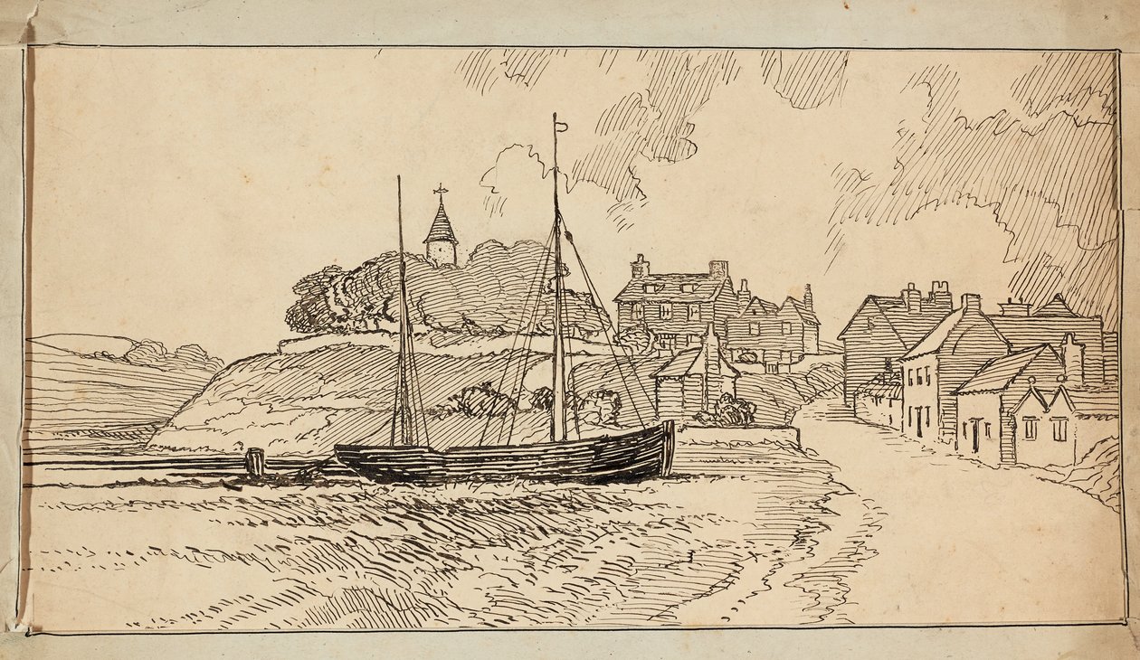 Bir köye giden bir şeritte, gelgitte sahilde bir yelkenli tekne by Charles George Harper