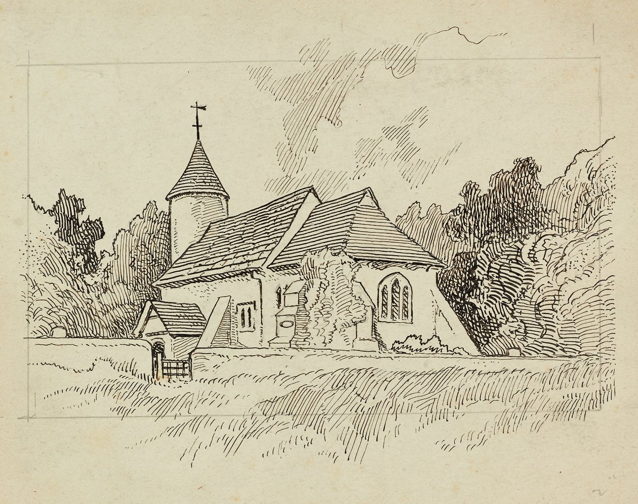 Tanımlanamayan bir kilisenin dış görünümü (kağıt üzerine kalem ve mürekkep) by Charles George Harper