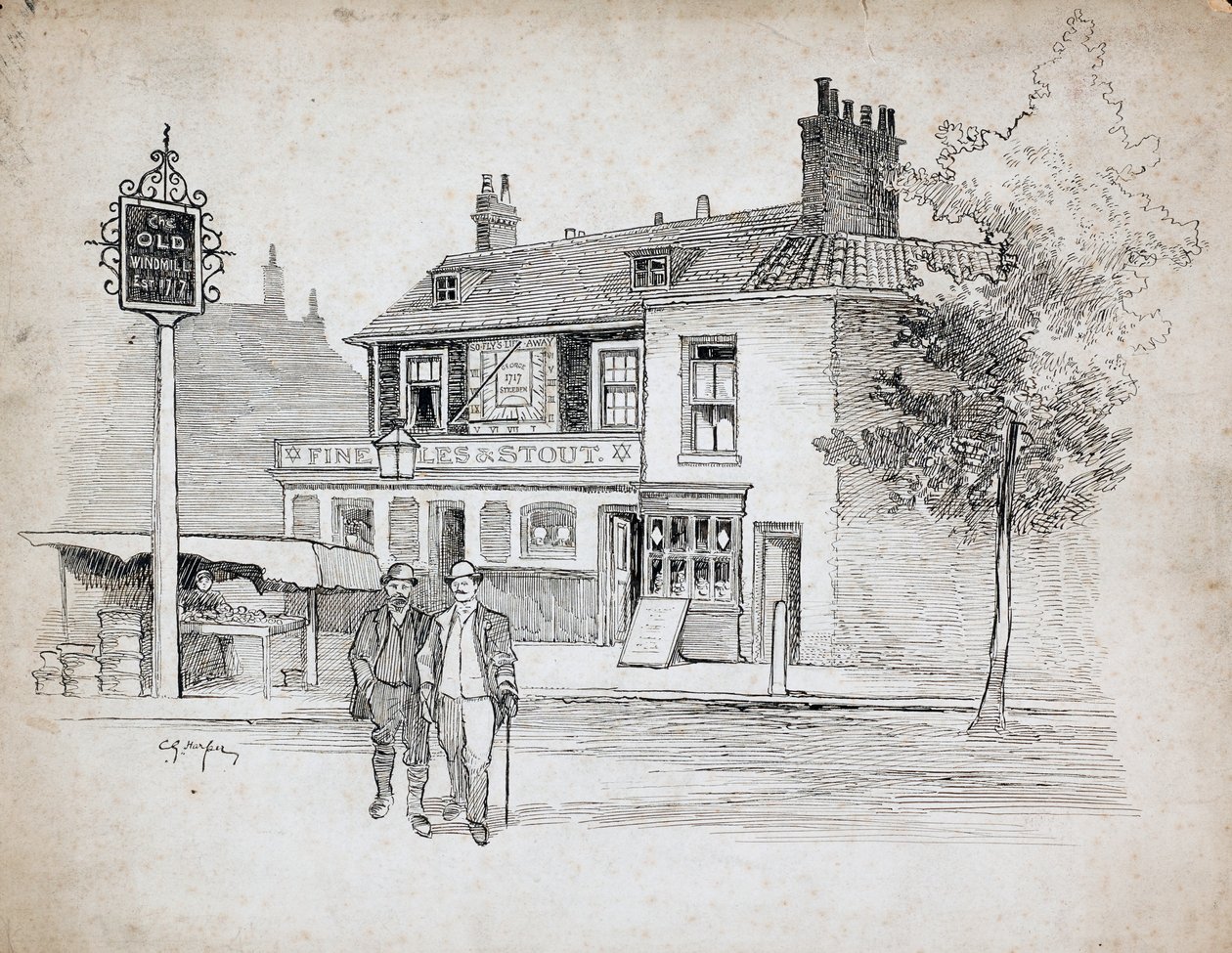 Old Windmill Public House, 214-214 Chiswick High Road, Turnham Green (kağıt üzerine kalem ve mürekkep) by Charles George Harper