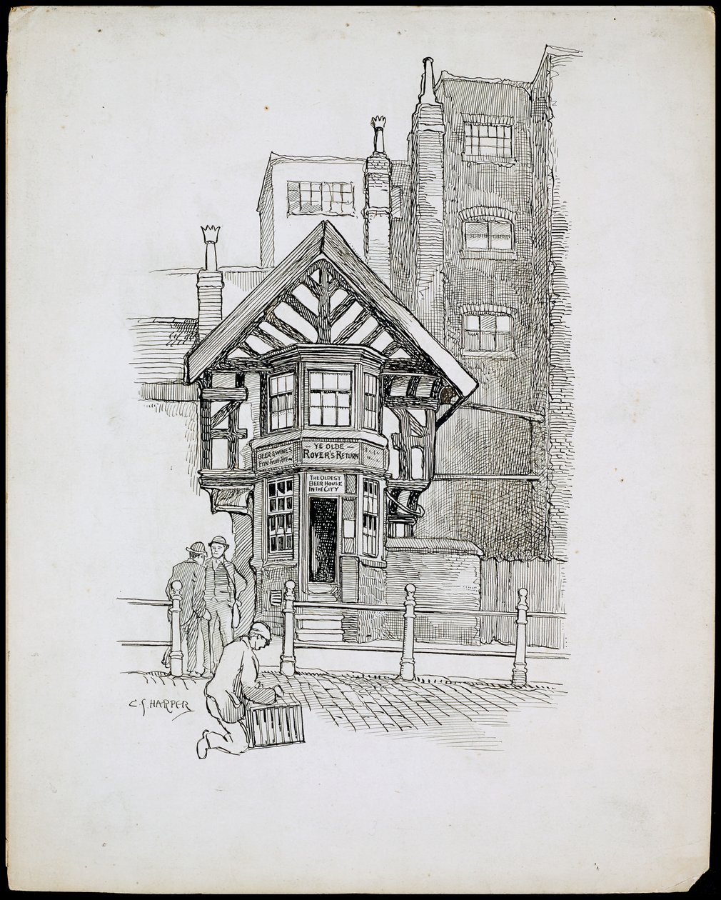 Ye Olde Rover's Return Public House, Shudehill, Manchester (kağıt üzerine kalem ve mürekkep) by Charles George Harper