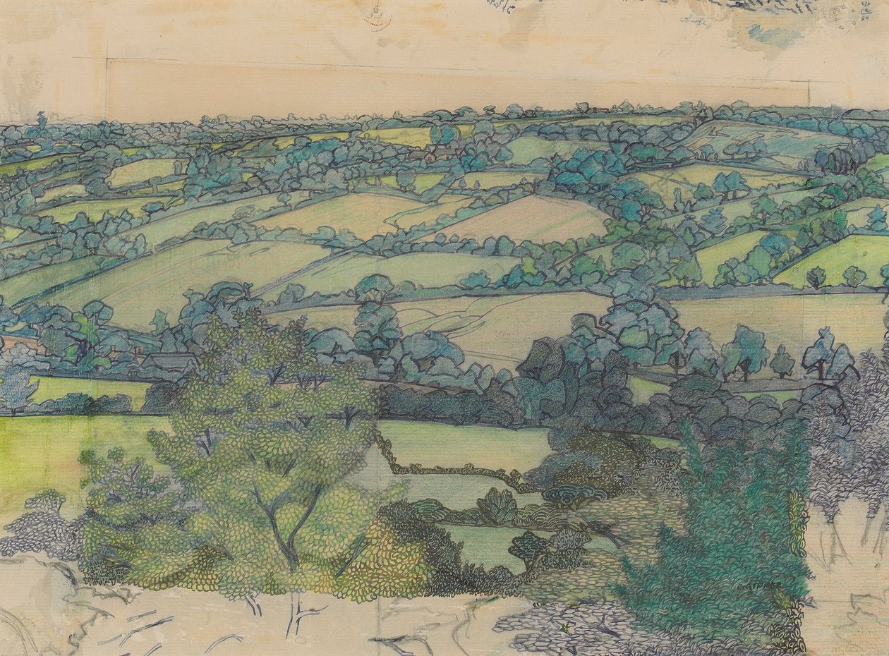 Applehayes, c.1912 (kağıt üzerine kurşun kalem, mum boya, tükenmez kalem ve mavi mürekkep) by Charles Ginner