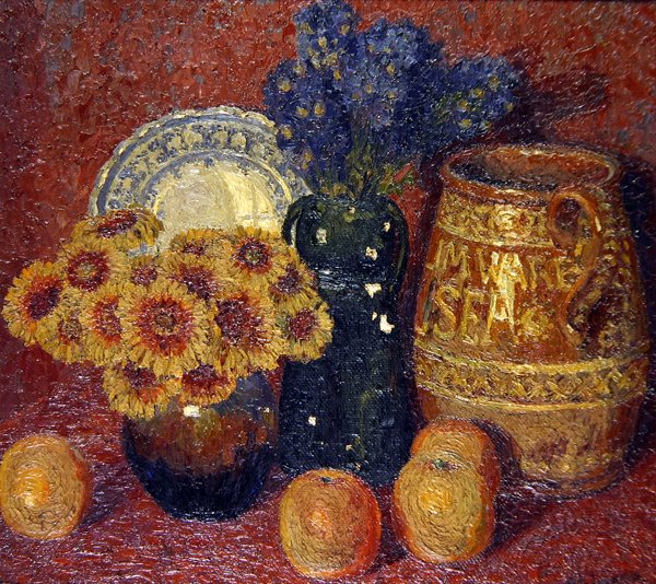 Natürmort- Çiçekler, Çömlekçilik ve Elmalar (tuval üzerine yağlıboya) by Charles Ginner
