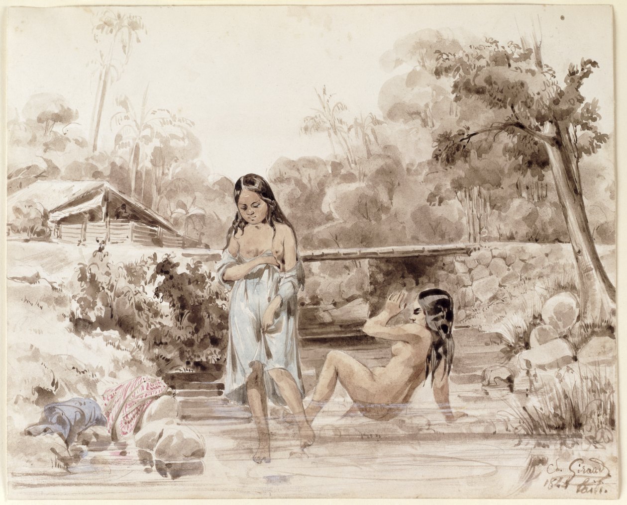 Tahitians Bathing, 1844 (kalem ve kağıt üzerinde yıkama) by Charles Giraud