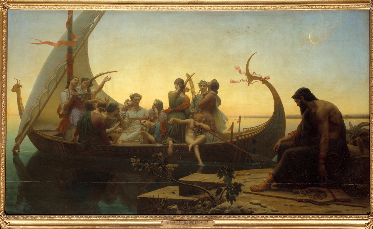 Kayıp illüzyonlar veya akşam Çıkış yapan bir drakkardaki karakterleri betimleyen alegorik bir sahne, bir adam lir ile iskelede kalır. Charles Gleyre (1806-1874) 19. yüzyıl Güneşi tarafından yapılan resim. 1,56x2,38 m by Charles Gleyre