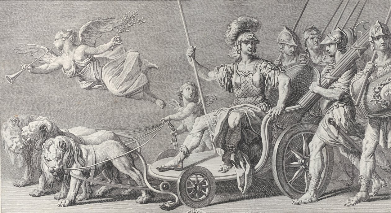 Üç aslanın çizdiği bir arabada Mars, 1749. by Charles Grignion