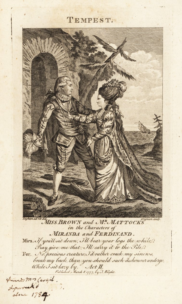 William Shakespeare'in The Tempest, Covent Garden Theatre'ının opera versiyonunda Miranda ve Ferdinand karakterlerinde Bayan Ann Brown ve Bay George Mattocks by Charles Grignion
