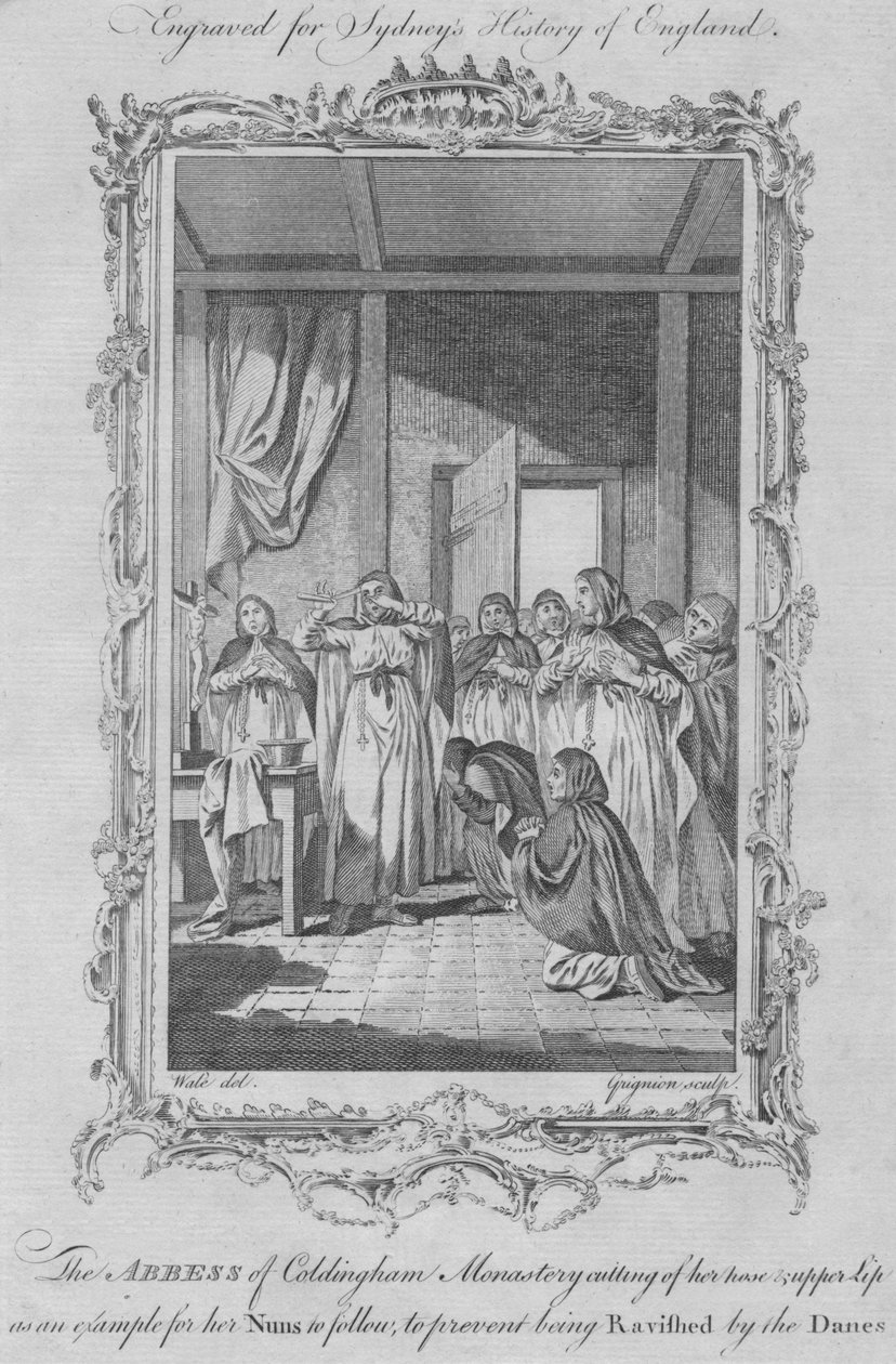 Coldingham Manastırı Başrahibesi, Viking işgalcilerinin tecavüzüne uğramamak için kendini yaralıyor, 1773. by Charles Grignion